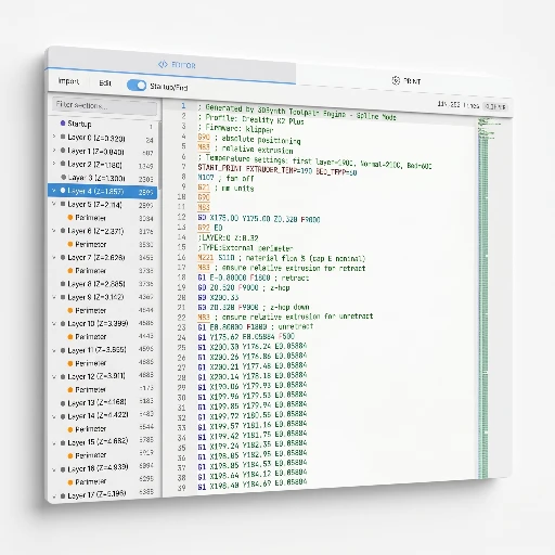 Custom G-code editor with 3D path preview.